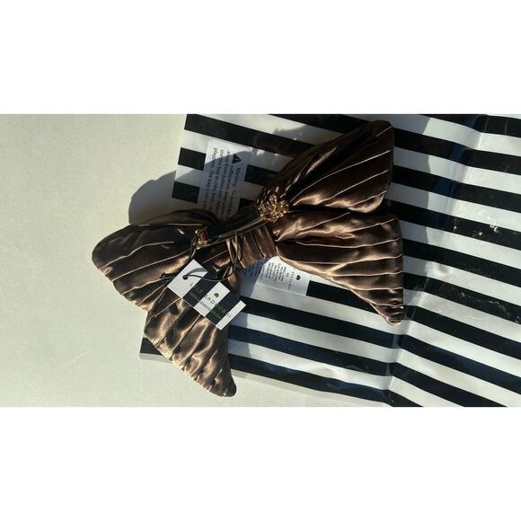 RARE Lele Sadoughi Brown Silk Crystals Chunky Bow Barrette Gold Logo - Picture 6 of 8